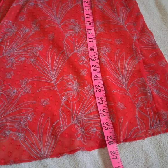 Alfred Sung Women's Size L Poppy Red Floral Ruffle Peasant Sheer Sleeveless Top - Picture 9 of 9